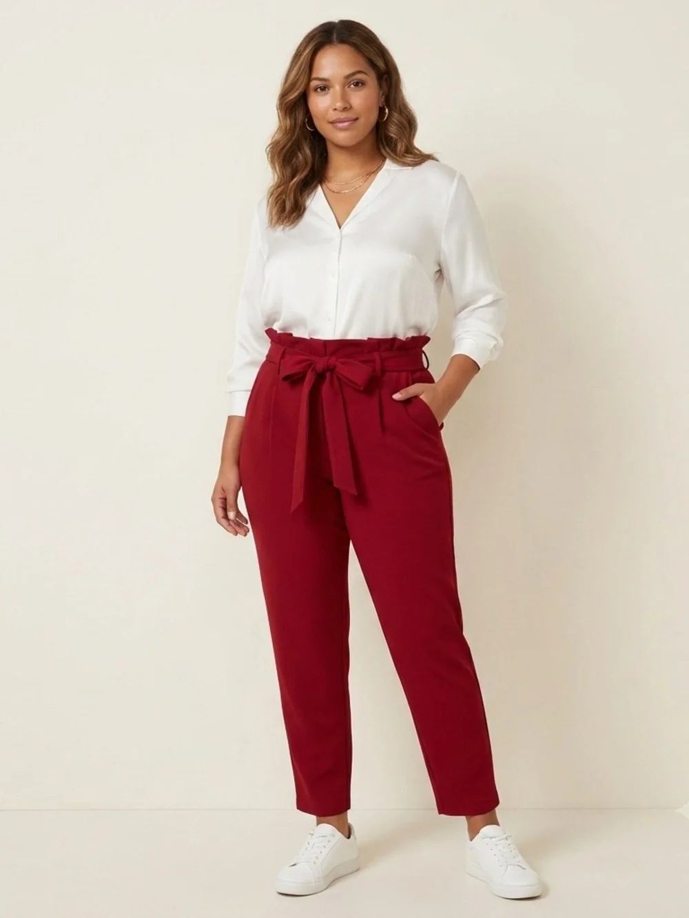 New York & Company Red High-Waist Paperbag Tie-Belt Trousers - Size Medium
